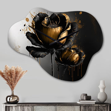 Black And Gold Crocus Floral Design II - Asymmetric Metal Wall Clock